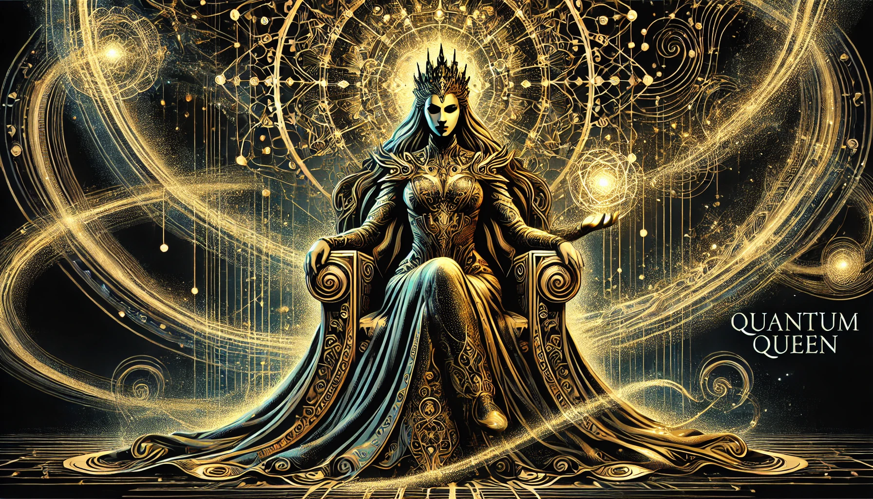 Quantum Queen on a regal golden throne representing the future of cyber threats.