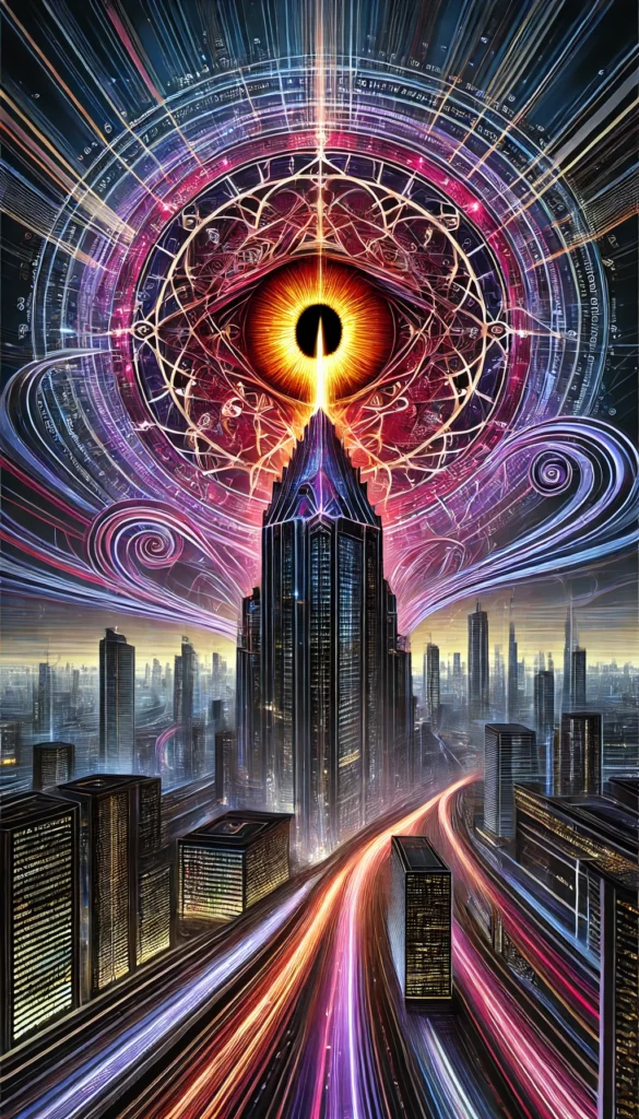 Digital Eye of Sauron on a skyscraper, symbolizing ethical considerations around technology progress in the surveillance age.