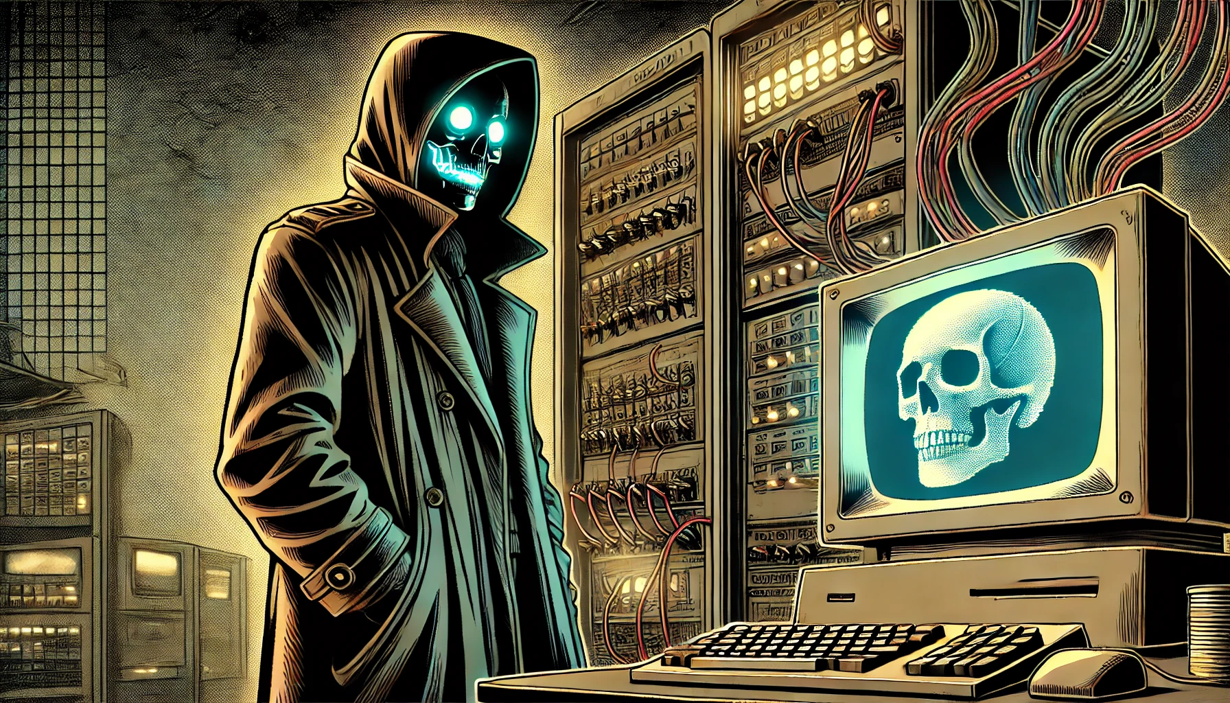 Digital supervillain infecting a mainframe computer.