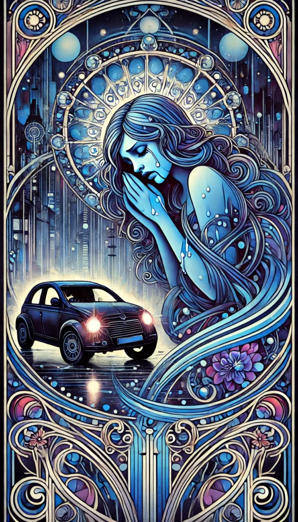 A, artistic rendition of a woman crying blue tears after a car crash