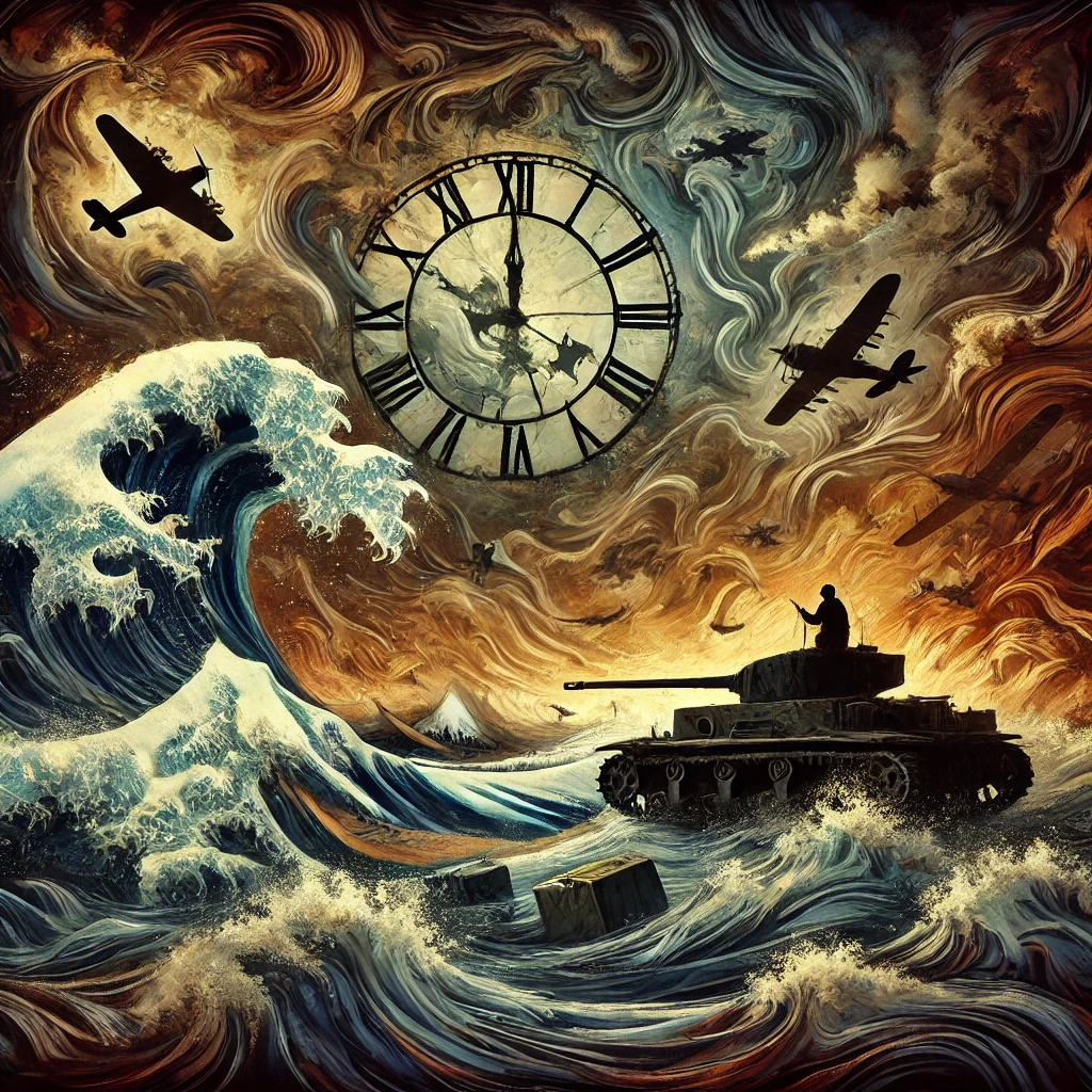 Sea of chaos with war planes, tanks, and a clock in the sky, showcasing a dark twist in the history of tech