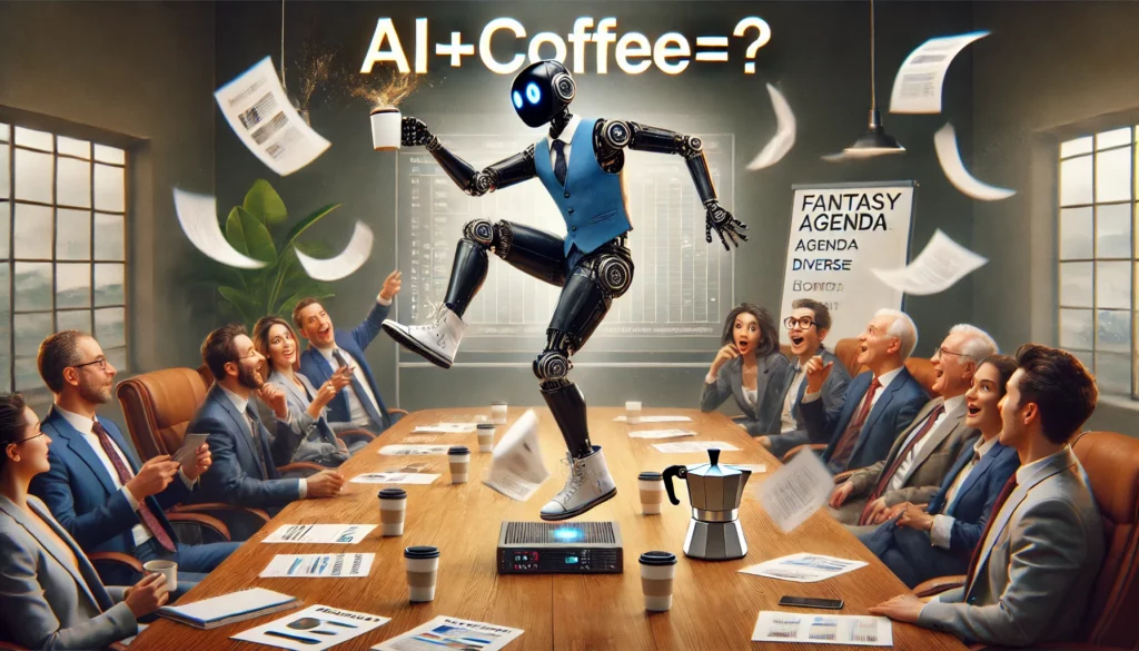 AI in Healthcare Companies boardroom meeting featuring dancing robot with coffee